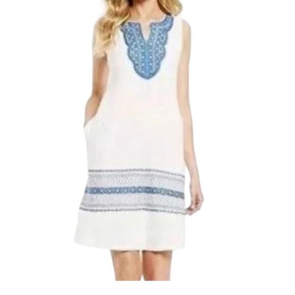 J. McLaughlin Augustine Embroidered White Blue Linen Sleeveless Dress Size Small - Picture 1 of 9